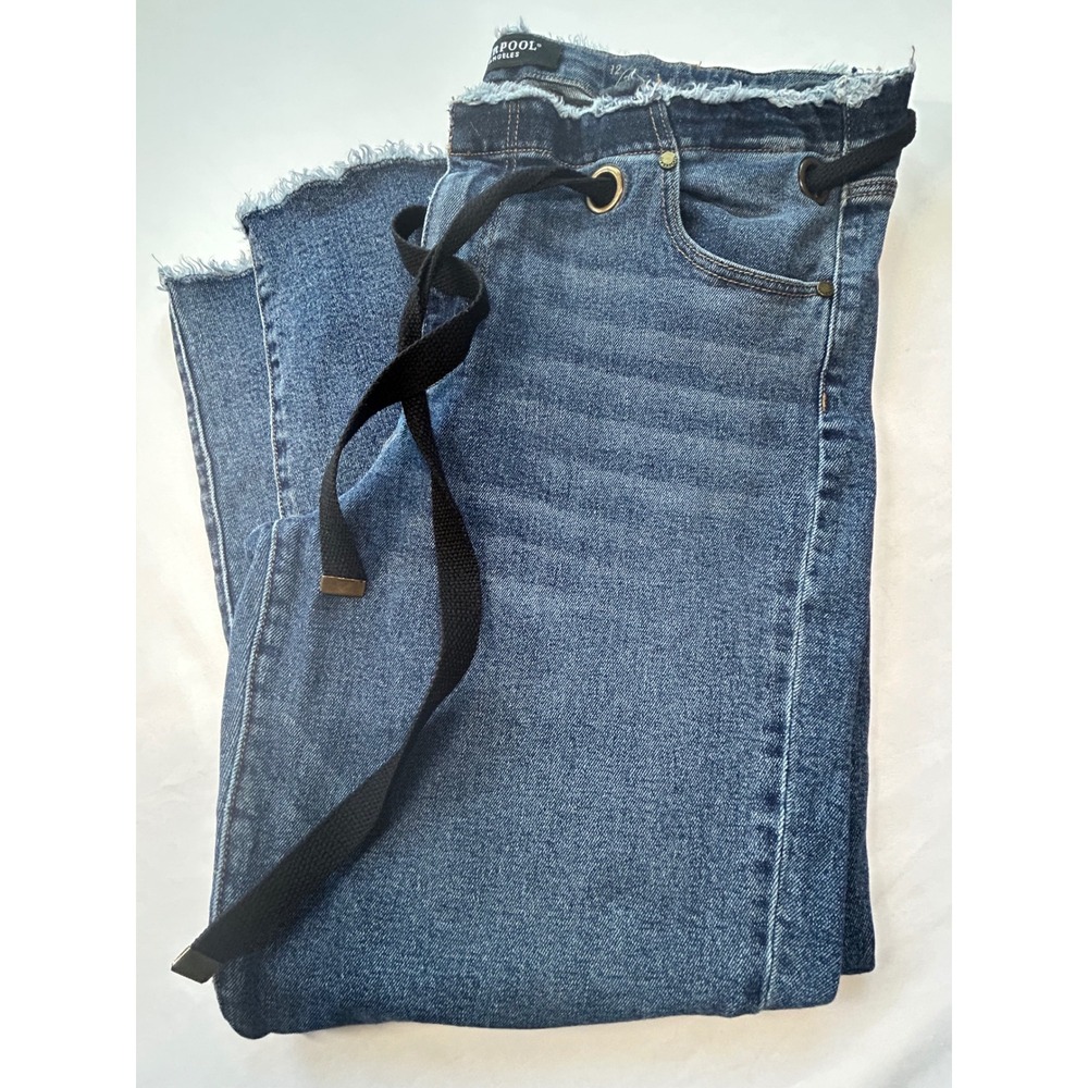 Liverpool Mid-Rise Straight Jeans Women 12 Blue Drawstring Frayed Hem LM2000F77